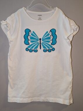 🦋 Gymboree Tahitian Butterfly White Teal Tee Ruched Short Sleeves Girls Size 9
